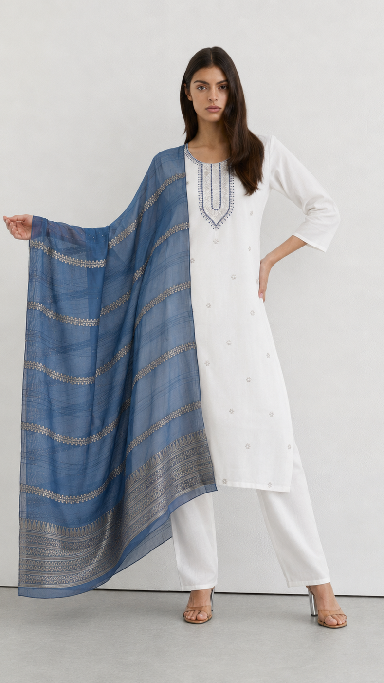 Young woman wearing an ivory white embroidered kurta set with matching trousers and a blue woven dupatta featuring metallic border detailing.