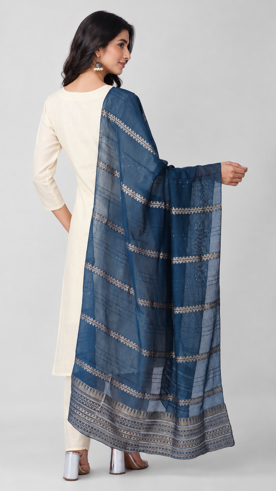 Smart Cream Cotton Suit with Woven Dupatta. 