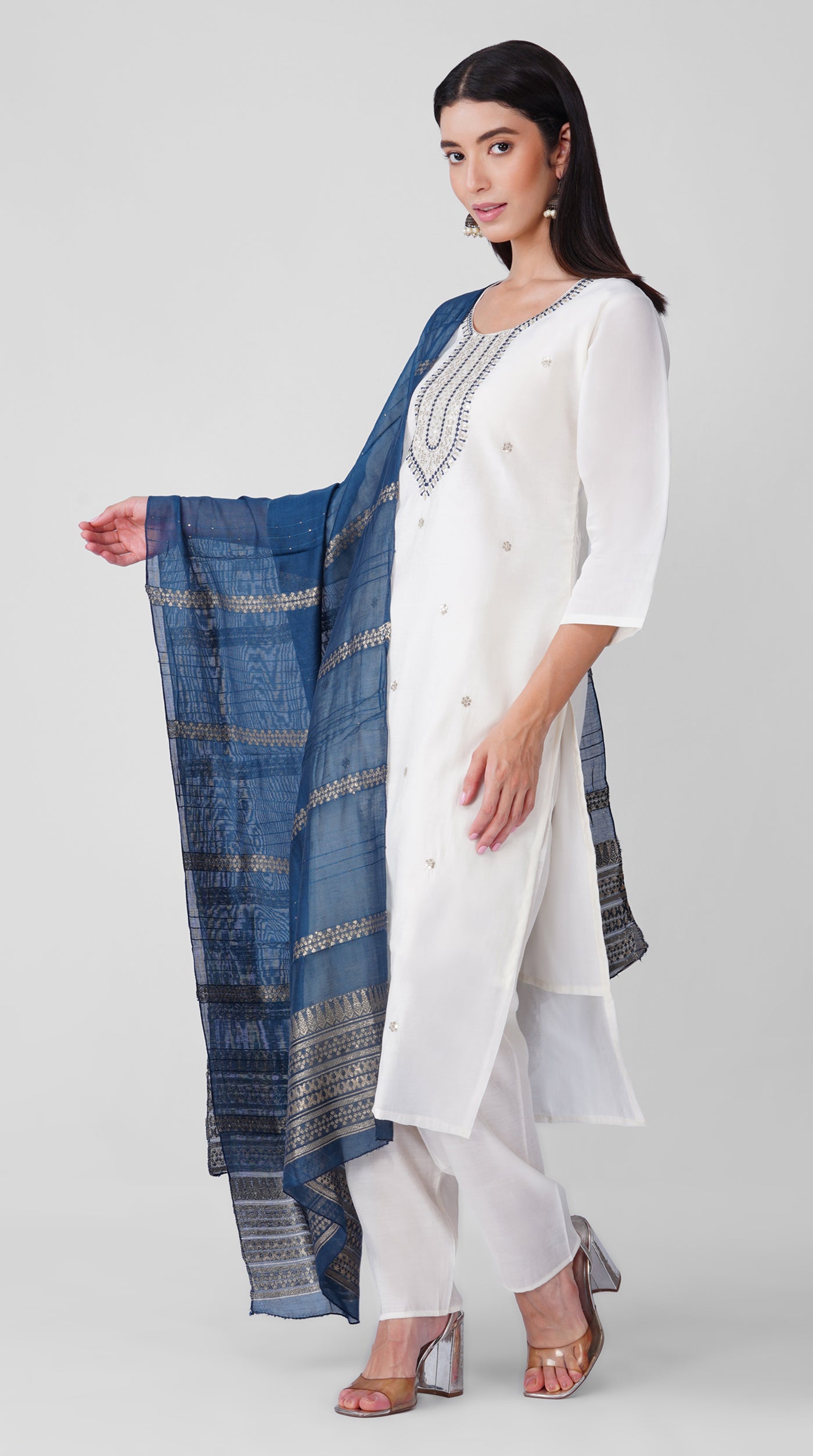 Ivory Roman Silk Kurta Set with Teal Chanderi Dupatta