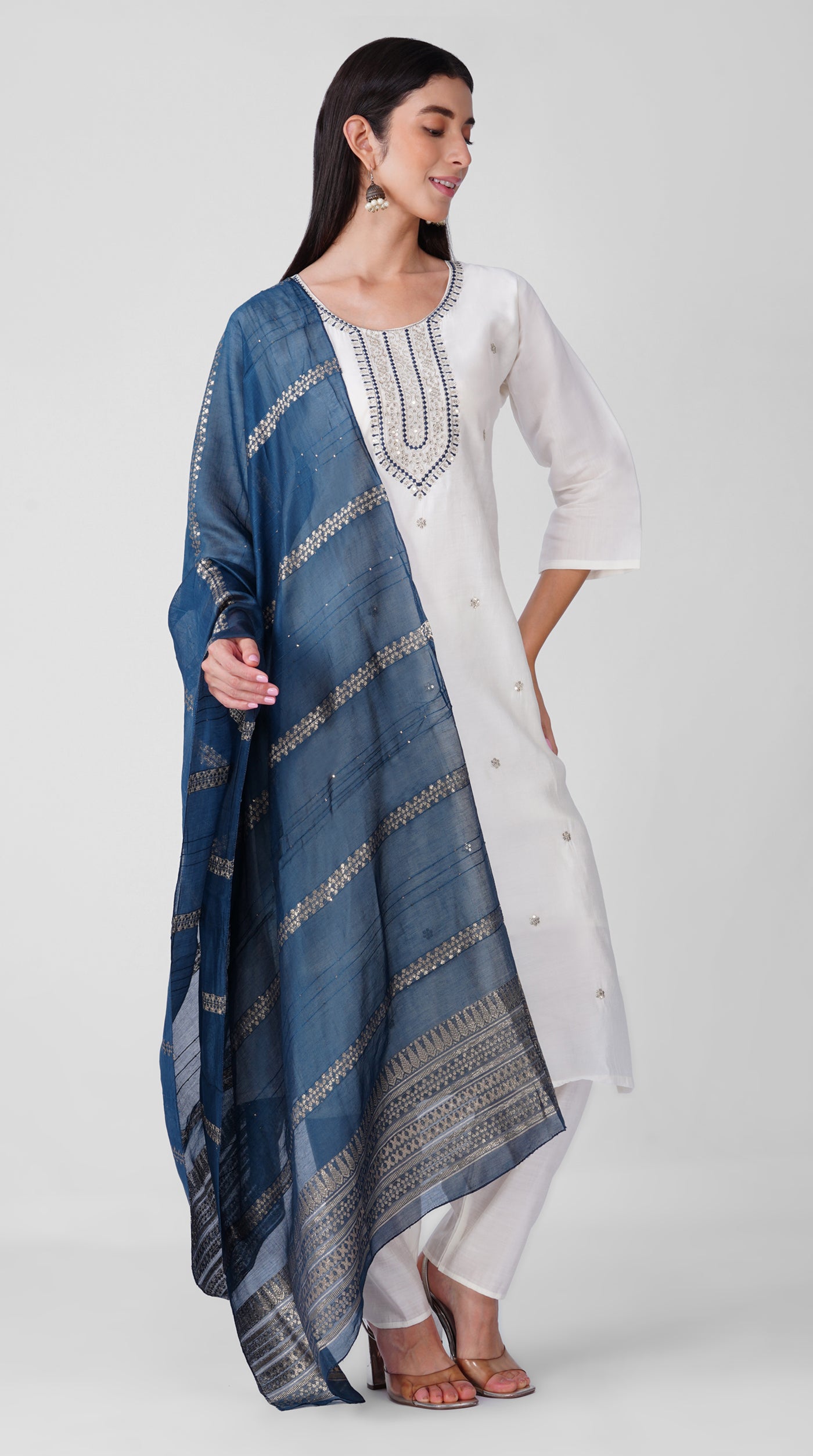 Ivory Roman Silk Kurta Set with Teal Chanderi Dupatta