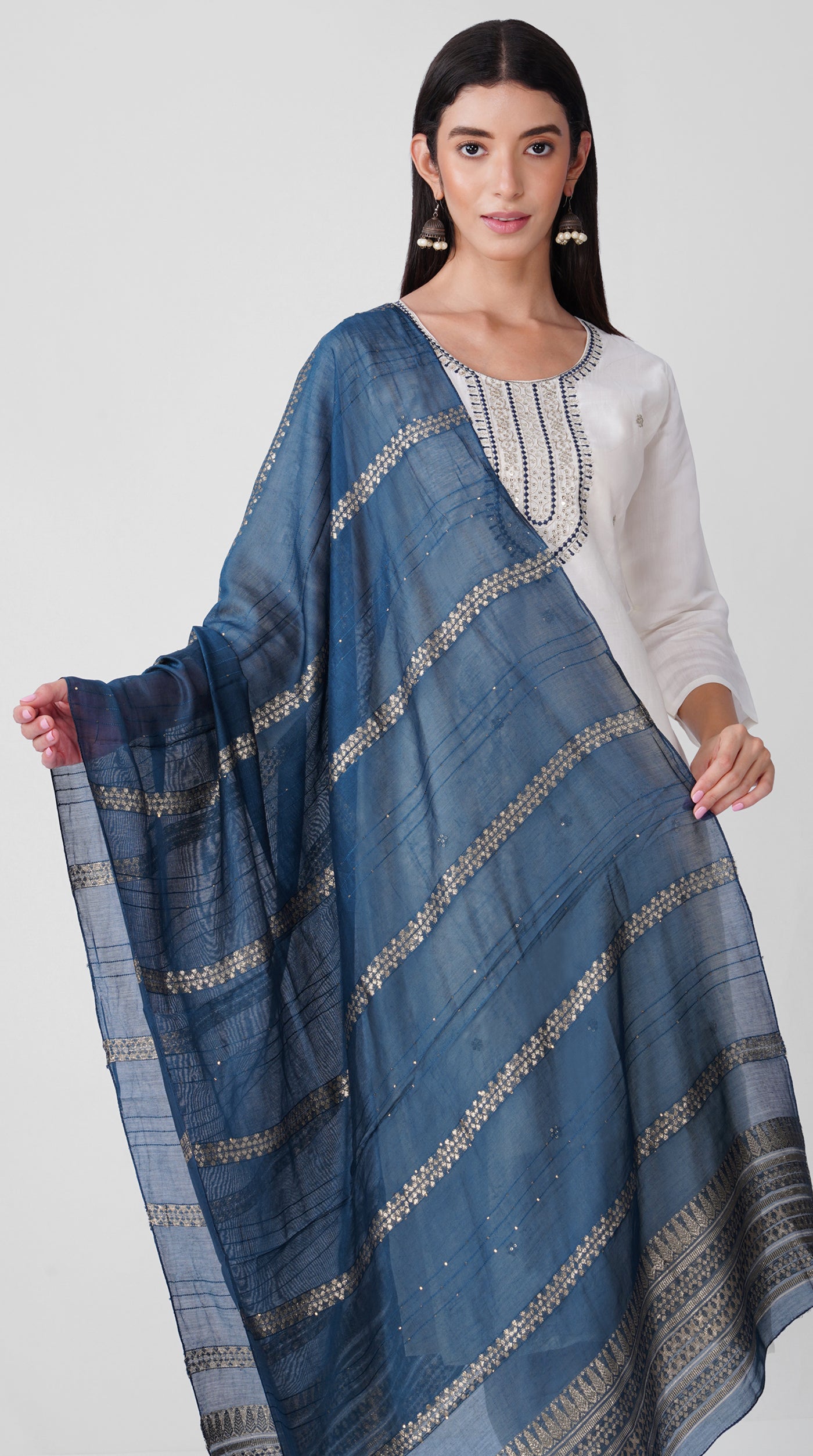 Ivory Roman Silk Kurta Set with Teal Chanderi Dupatta