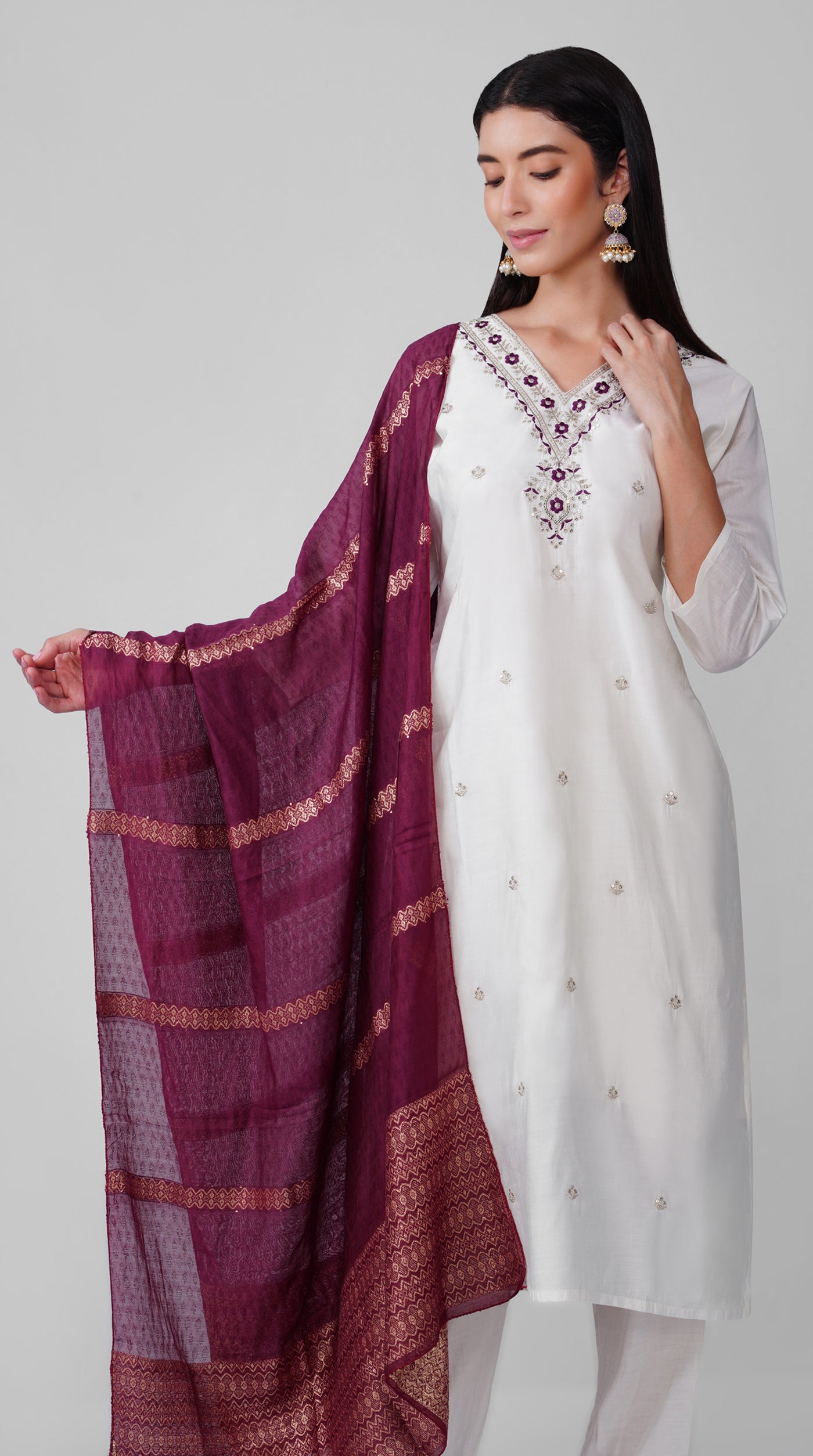 Ivory Roman Silk Kurta Set with Purple Chanderi Dupatta