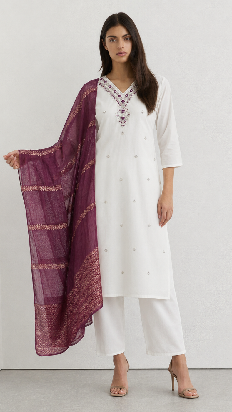 Young woman wearing an ivory white embroidered kurta set with delicate embellishment, matching trousers and a plum purple woven dupatta with gold border detailing.