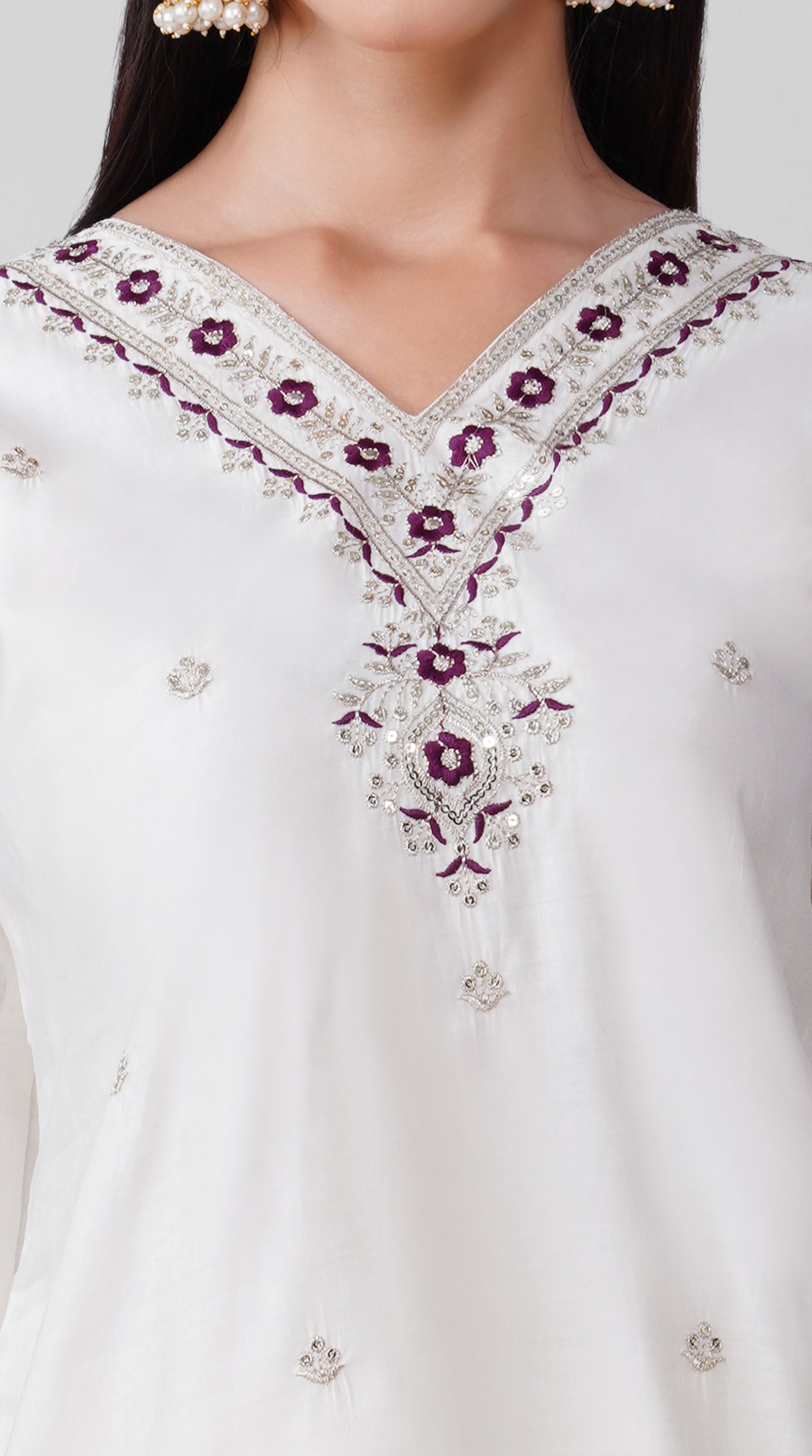 Ivory Roman Silk Kurta Set with Purple Chanderi Dupatta
