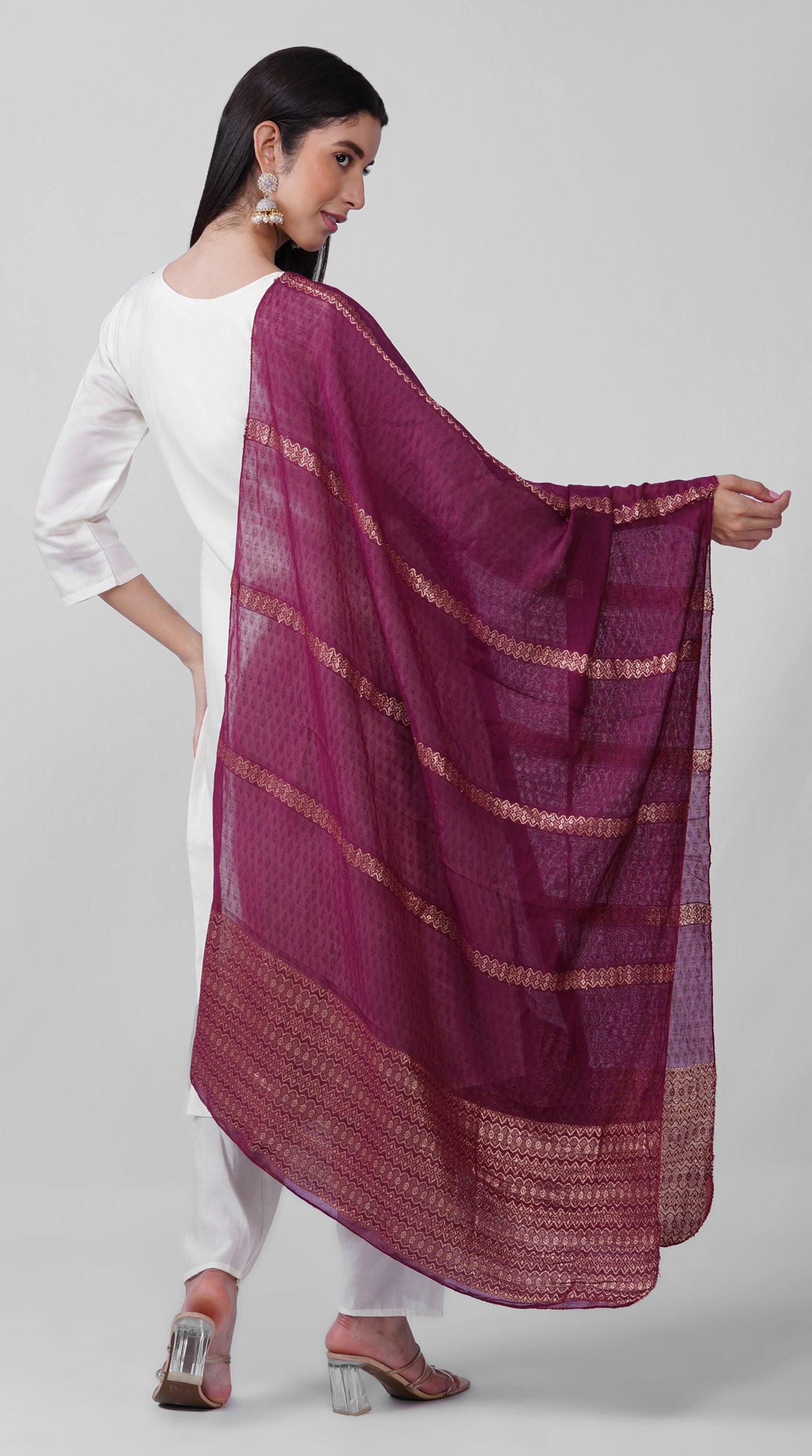 Ivory Roman Silk Kurta Set with Purple Chanderi Dupatta