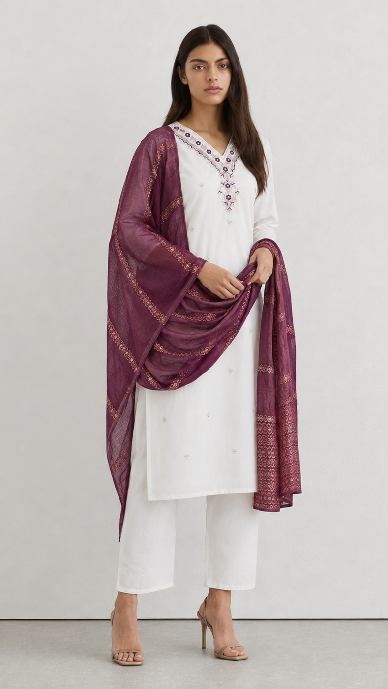 Young woman wearing an ivory white embroidered kurta set with delicate embellishment, matching trousers and a plum purple woven dupatta with gold border detailing.