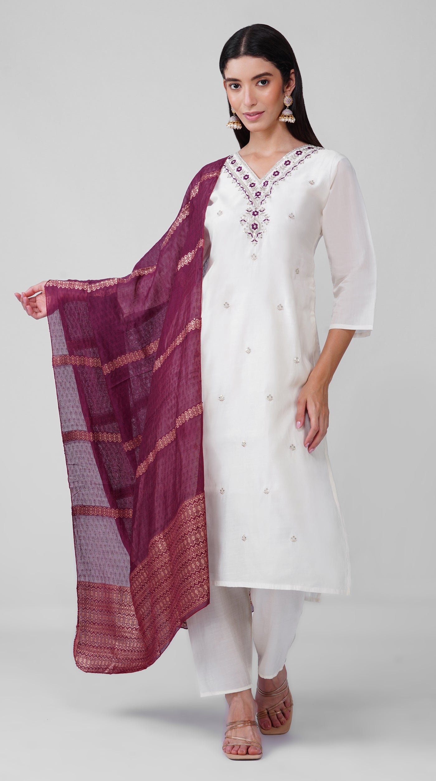 Ivory Roman Silk Kurta Set with Purple Chanderi Dupatta
