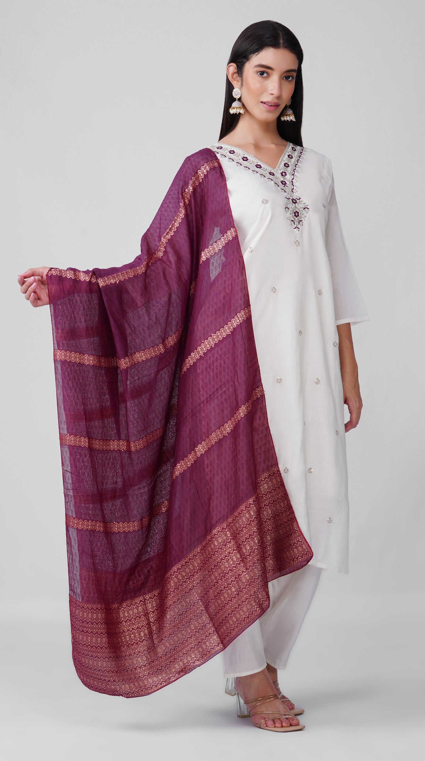 Ivory Roman Silk Kurta Set with Purple Chanderi Dupatta