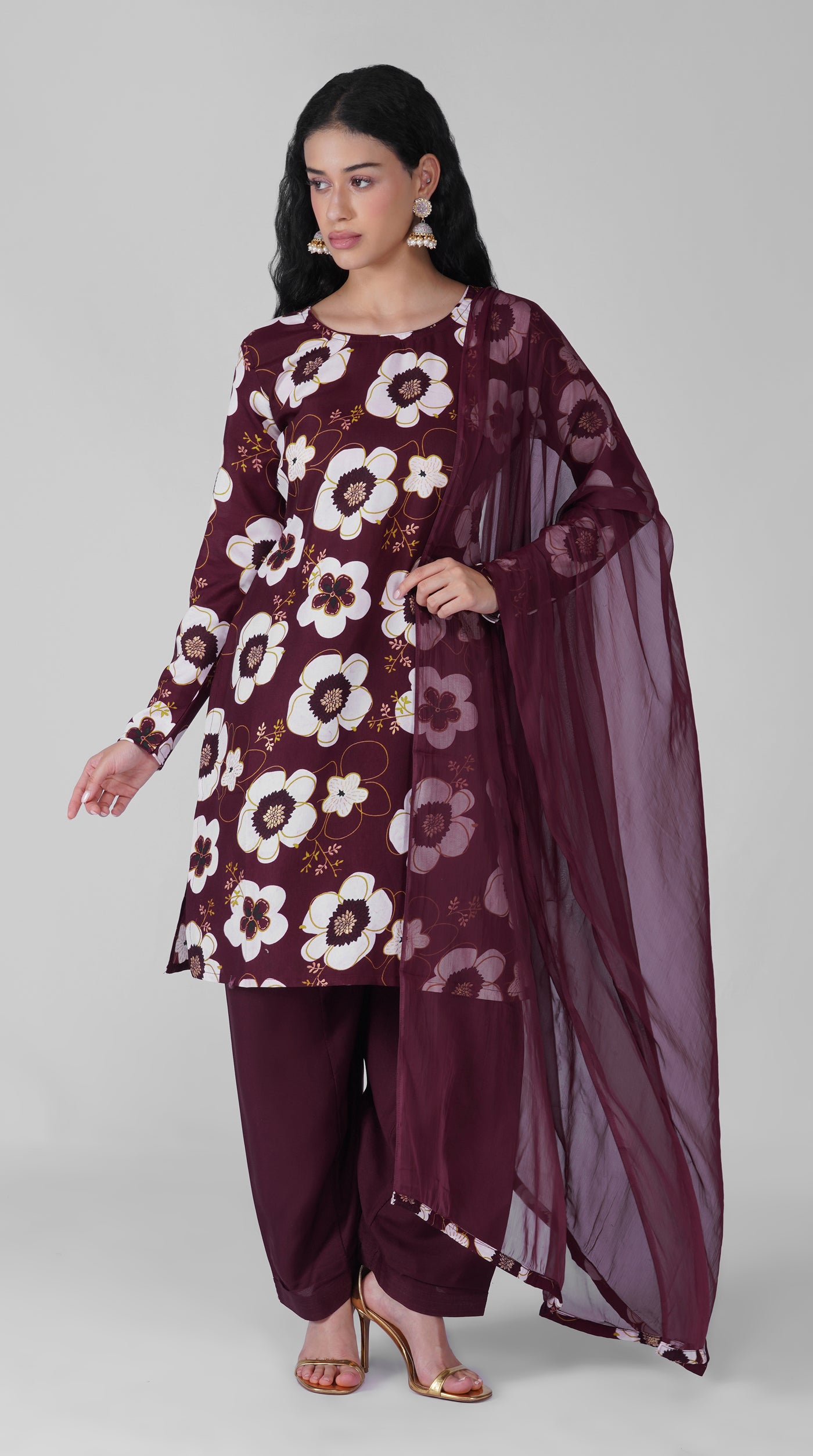 Wine floral print rayon suit set with chiffon dupatta