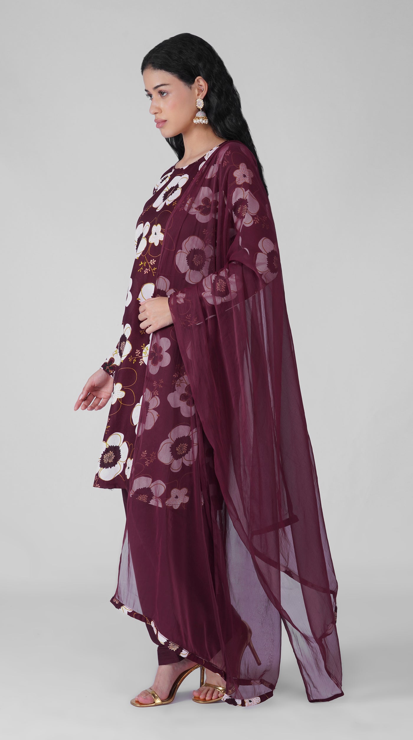 Wine rayon kurta with oversized floral print