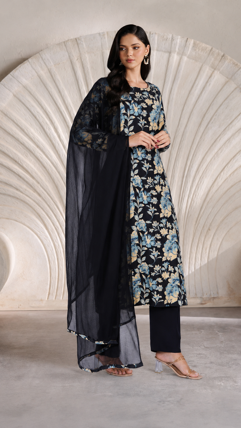 Black floral printed salwar kameez suit with matching trousers and sheer black dupatta
