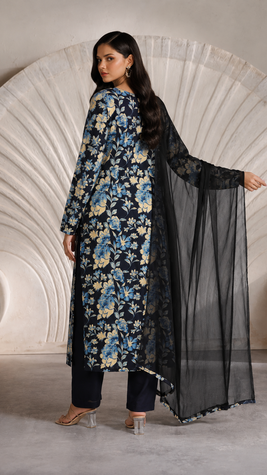 Black floral printed salwar kameez suit with matching trousers and sheer black dupatta
