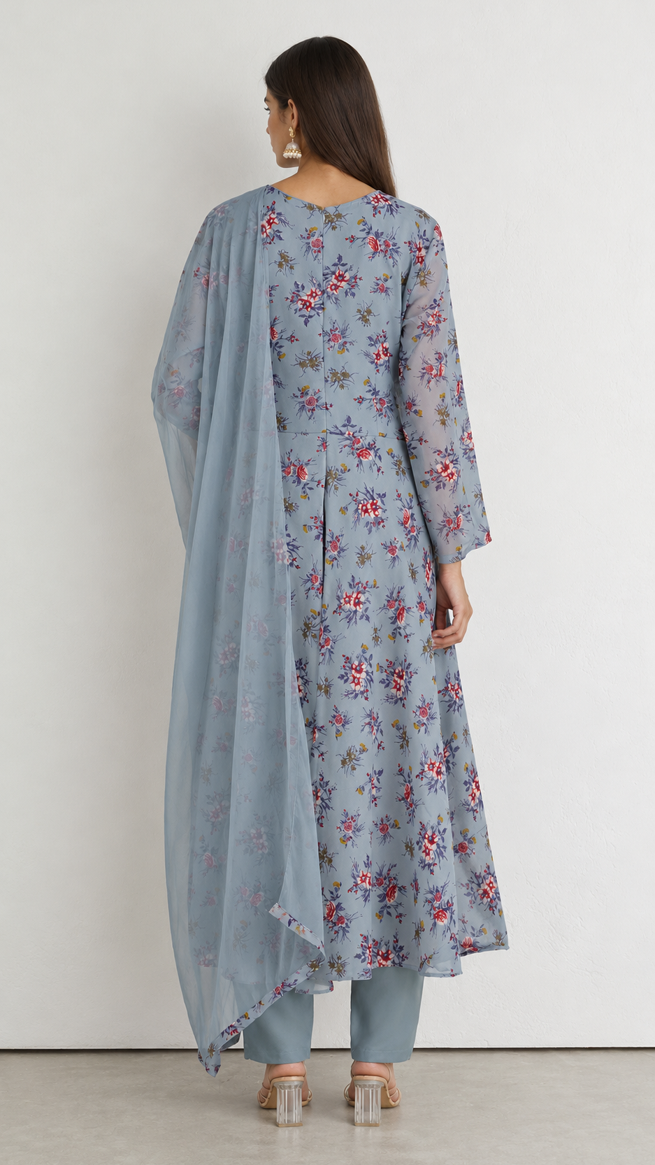 Dusty Blue Georgette Bias Cut Suit with Full Sleeves & Chiffon Dupatta