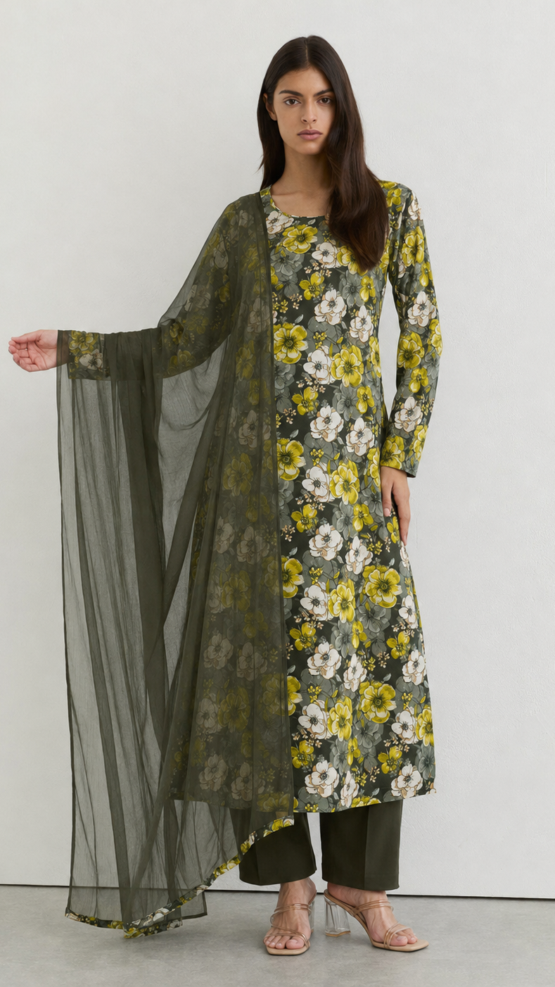 Young woman wearing an olive green floral print kurta set with yellow and white flowers, matching trousers and a sheer coordinating dupatta.