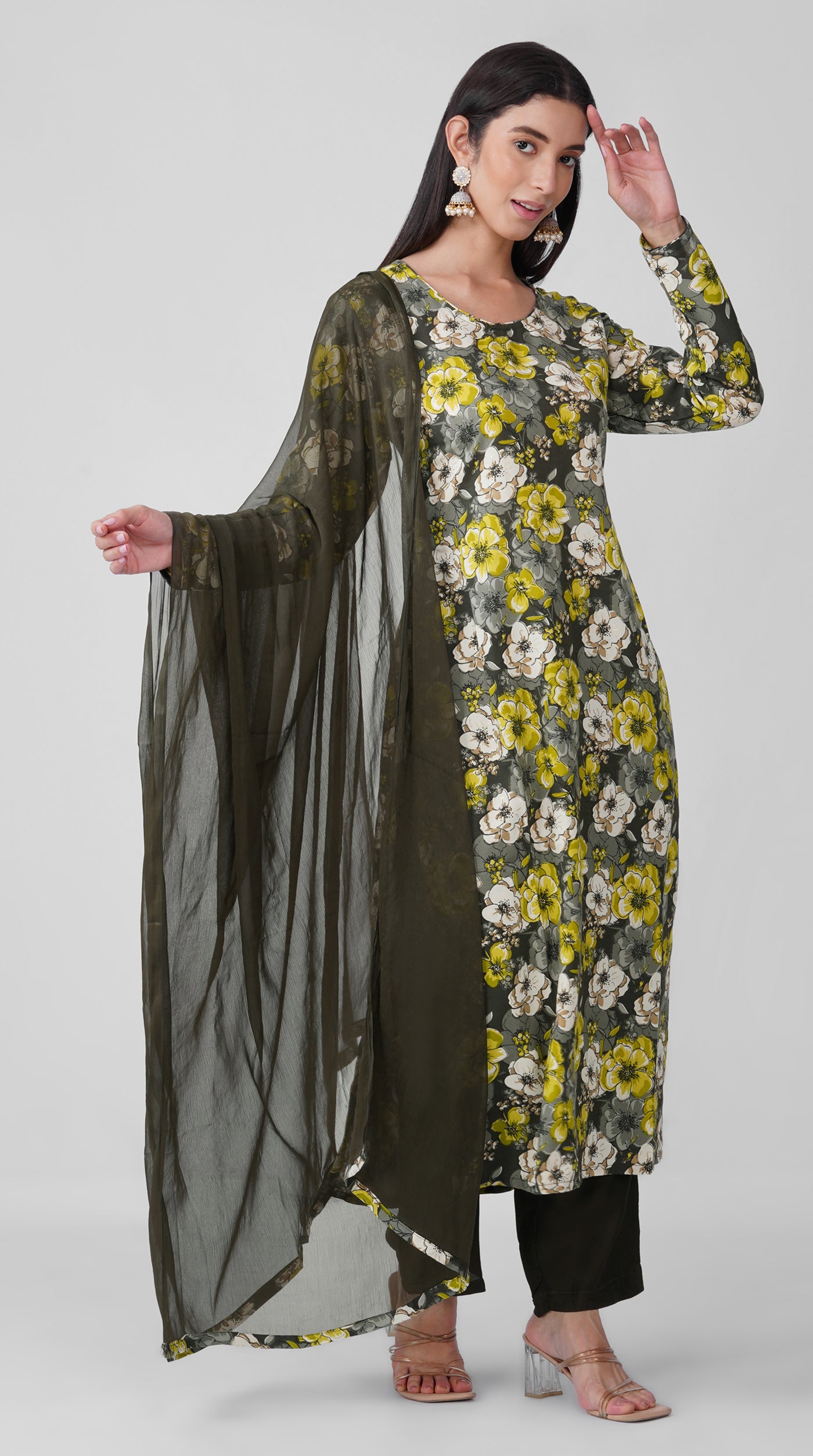 Black Rayon Floral Print Kurta Set with Matching Chiffon Dupatta