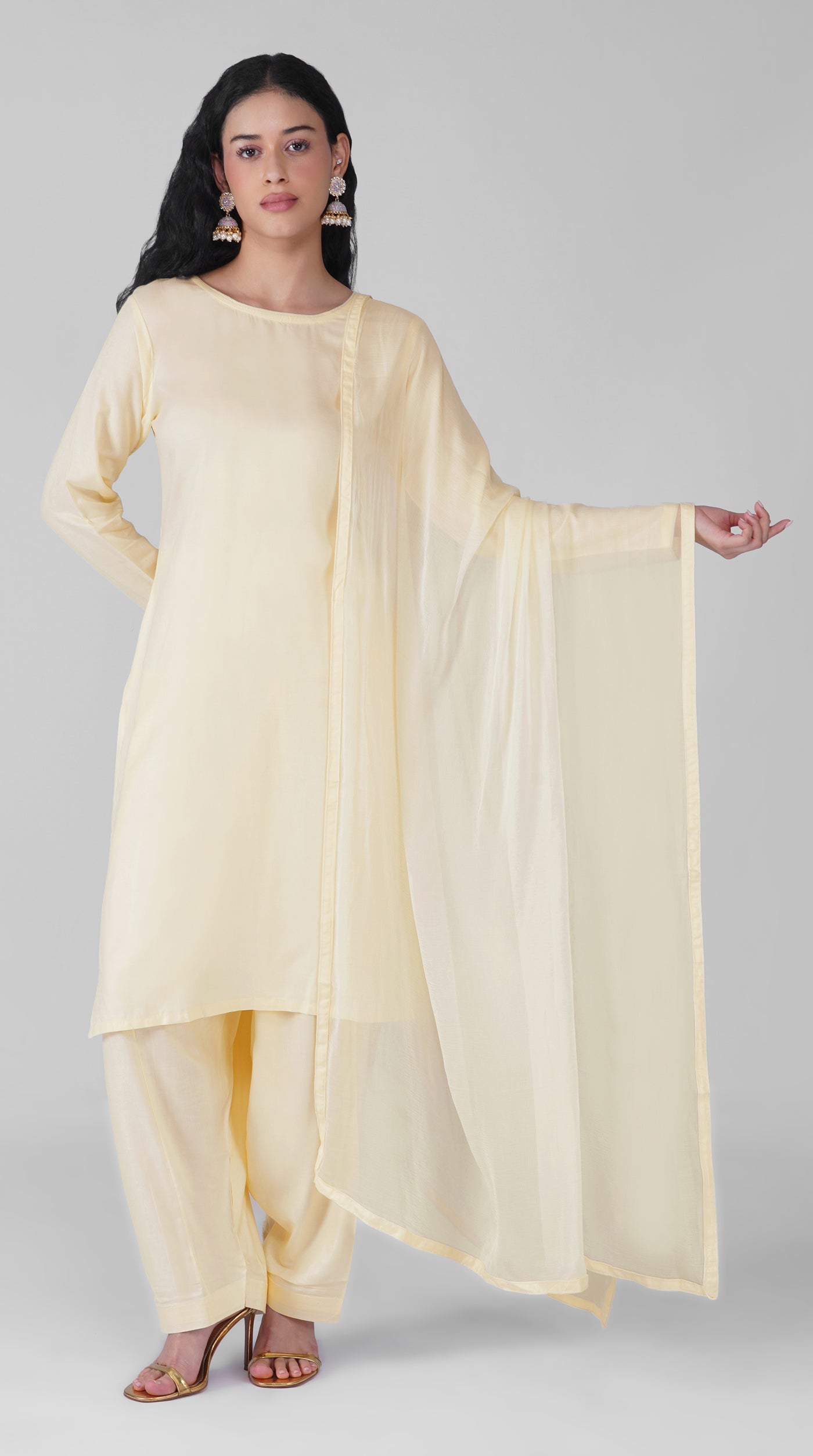 Plain ivory rayon suit set with matching chiffon dupatta