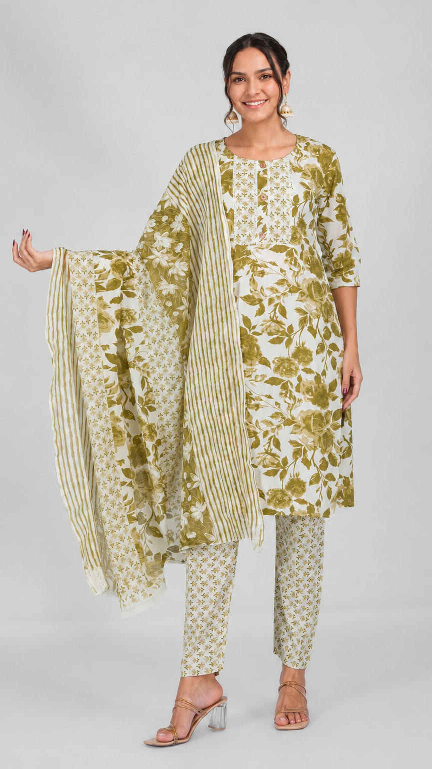 Olive green and ivory floral printed salwar kameez suit with straight trousers and matching dupatta
