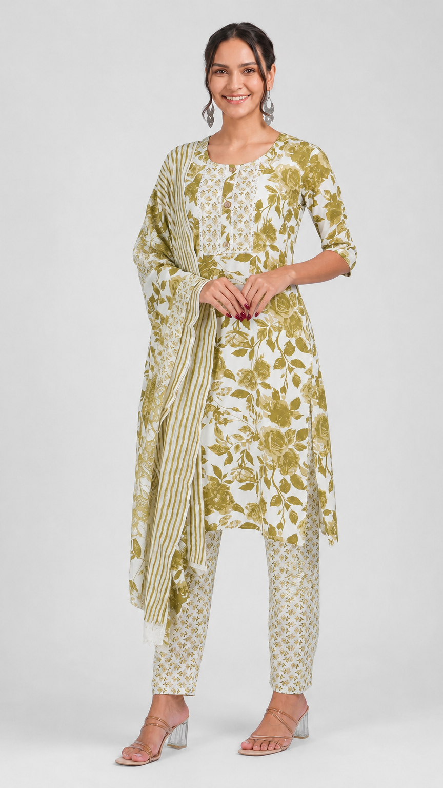 Olive green and ivory floral printed salwar kameez suit with straight trousers and matching dupatta
