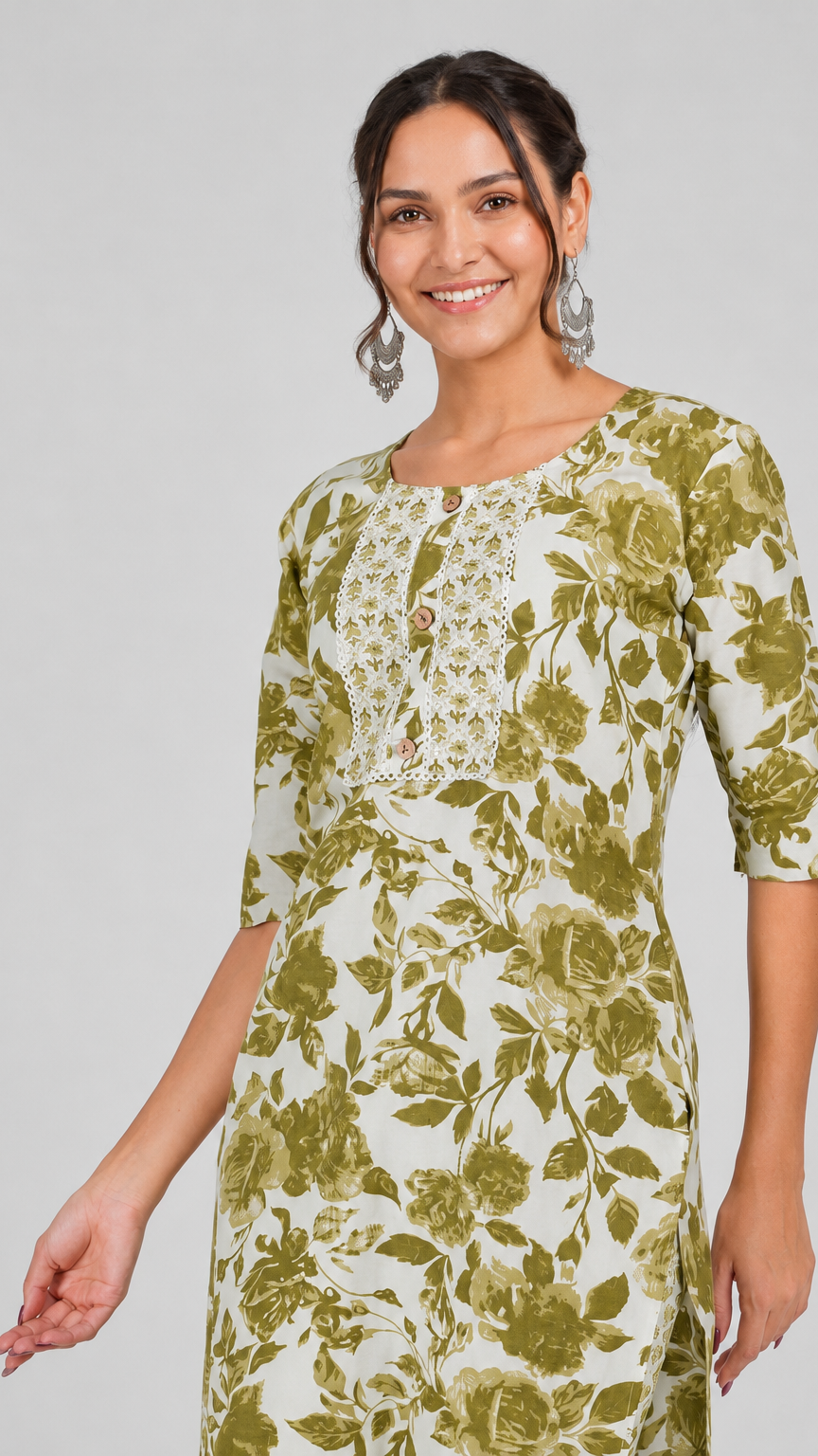 Olive green and ivory floral printed salwar kameez suit with straight trousers and matching dupatta
