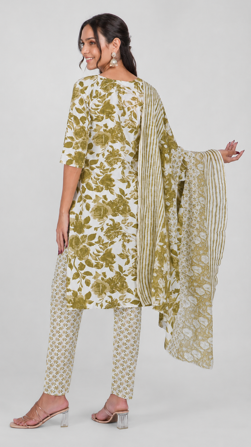 Olive green and ivory floral printed salwar kameez suit with straight trousers and matching dupatta
