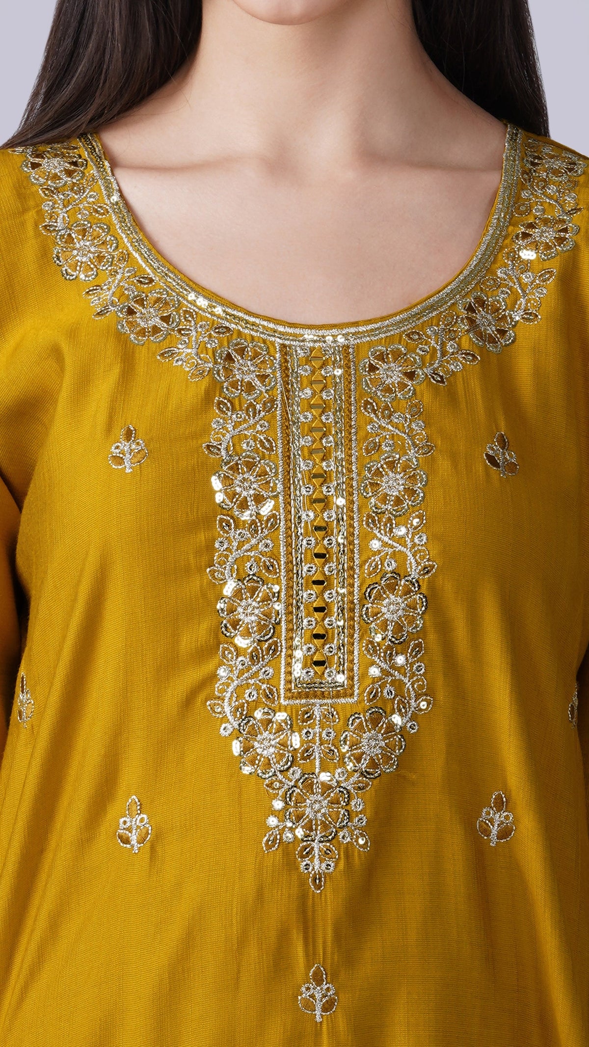 Mustard embroidered cotton suit set styled with matching dupatta