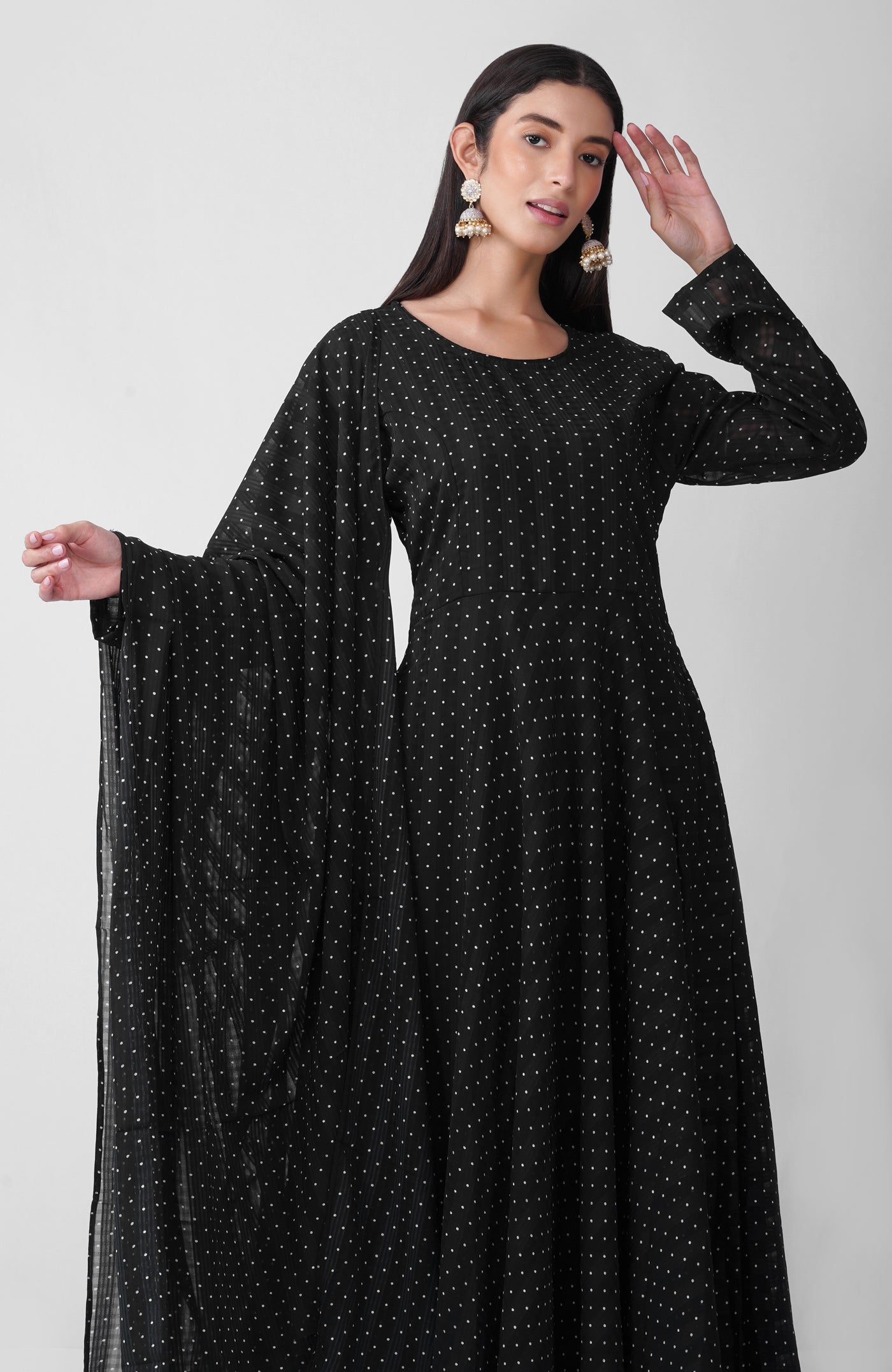 Black Polka Dot Printed Chiffon Top, Trouser & Dupatta Set