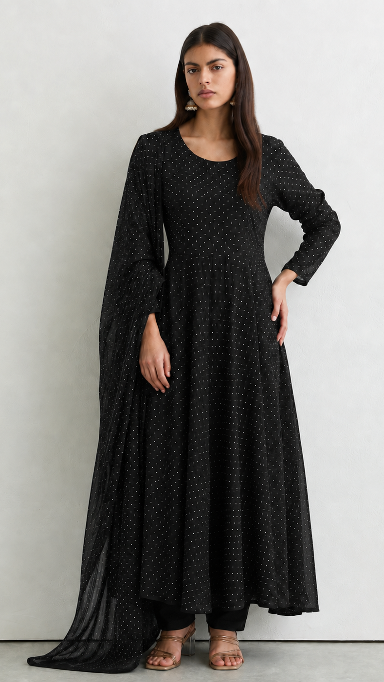 A woman modeling a black long-sleeve kurta with a subtle dotted pattern, paired with matching black pants and a sheer black dupatta, standing against a light gray wall.