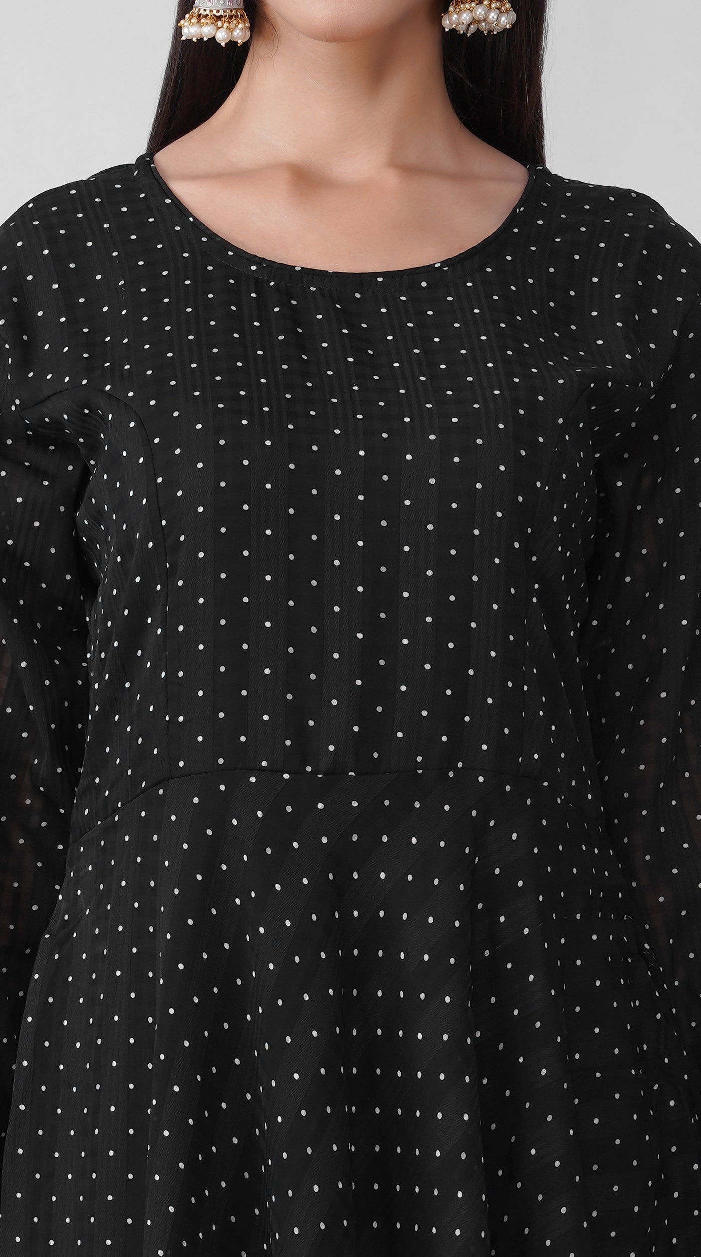 Black Polka Dot Printed Chiffon Top, Trouser & Dupatta Set