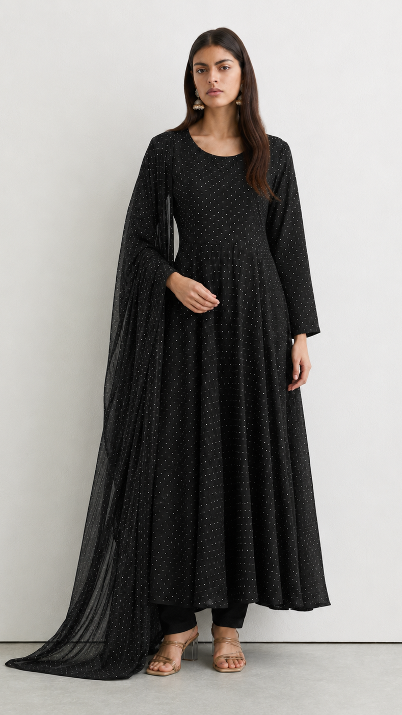 A woman modeling a black long-sleeve maxi dress with a subtle dotted pattern and a matching sheer draped overlay, standing against a plain light gray studio background.