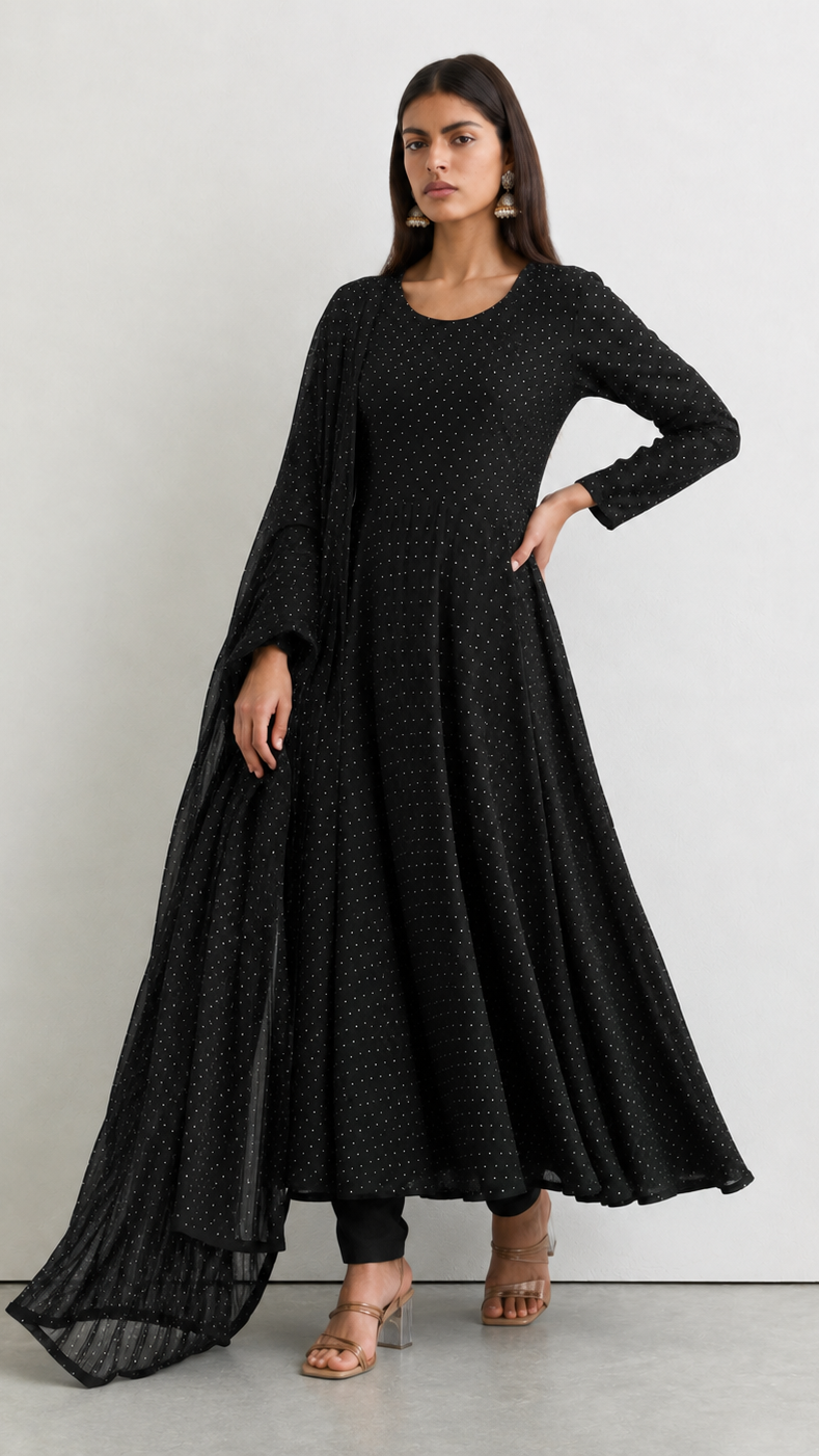 A woman modeling a long black maxi dress with a subtle dotted texture, featuring a round neckline, long sleeves, and a flared skirt, posed against a light gray studio background.