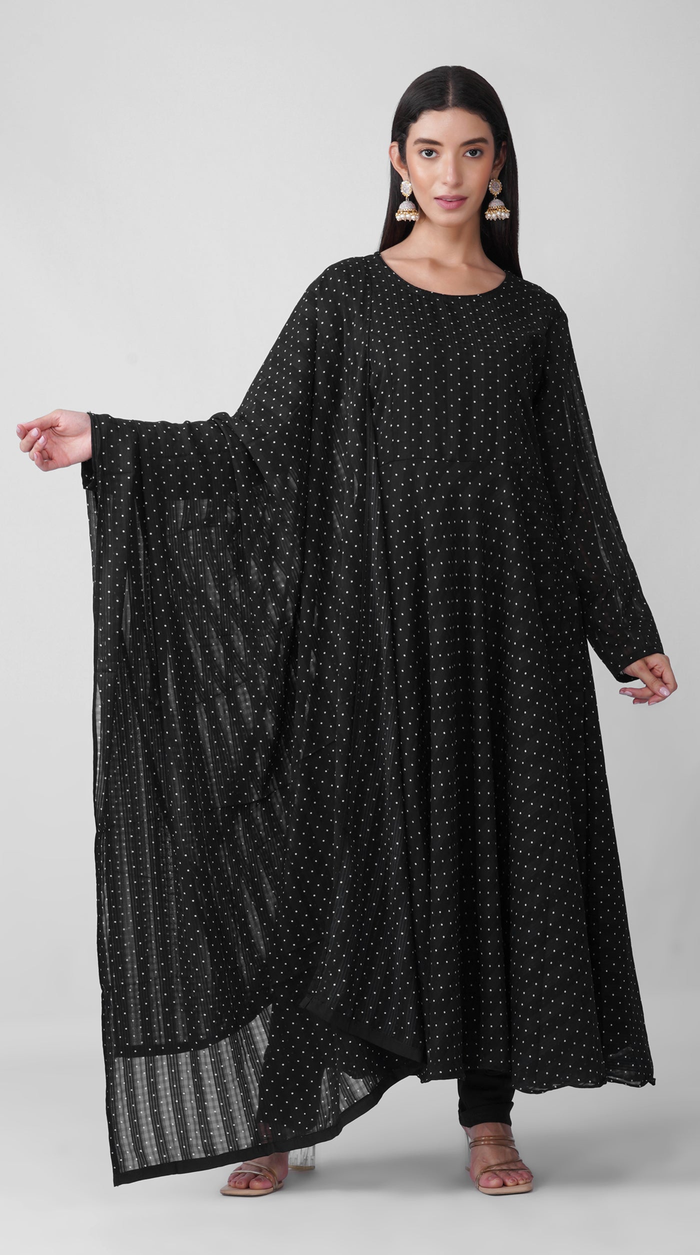Black Polka Dot Printed Chiffon Top, Trouser & Dupatta Set