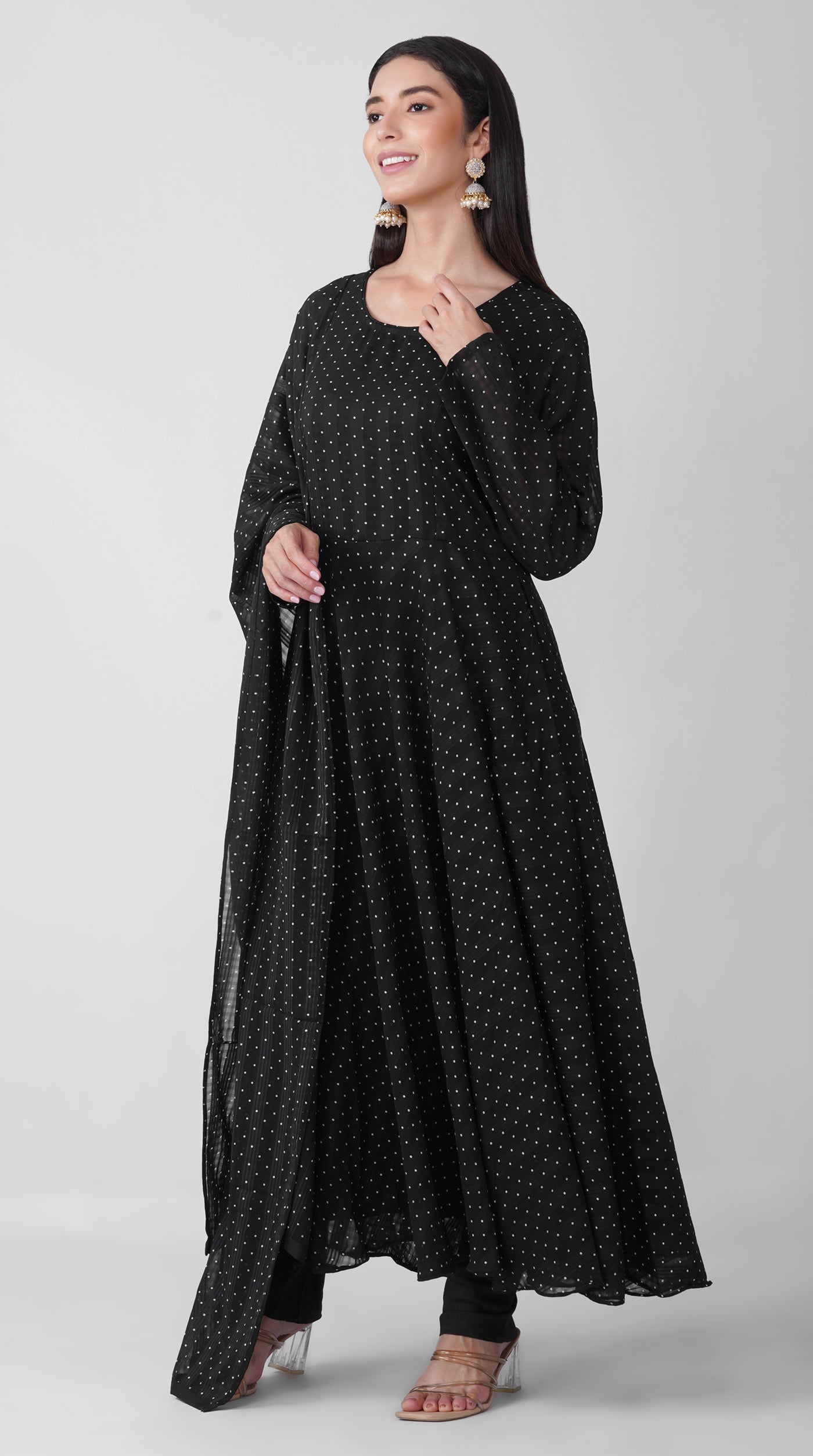 Black Polka Dot Printed Chiffon Top, Trouser & Dupatta Set