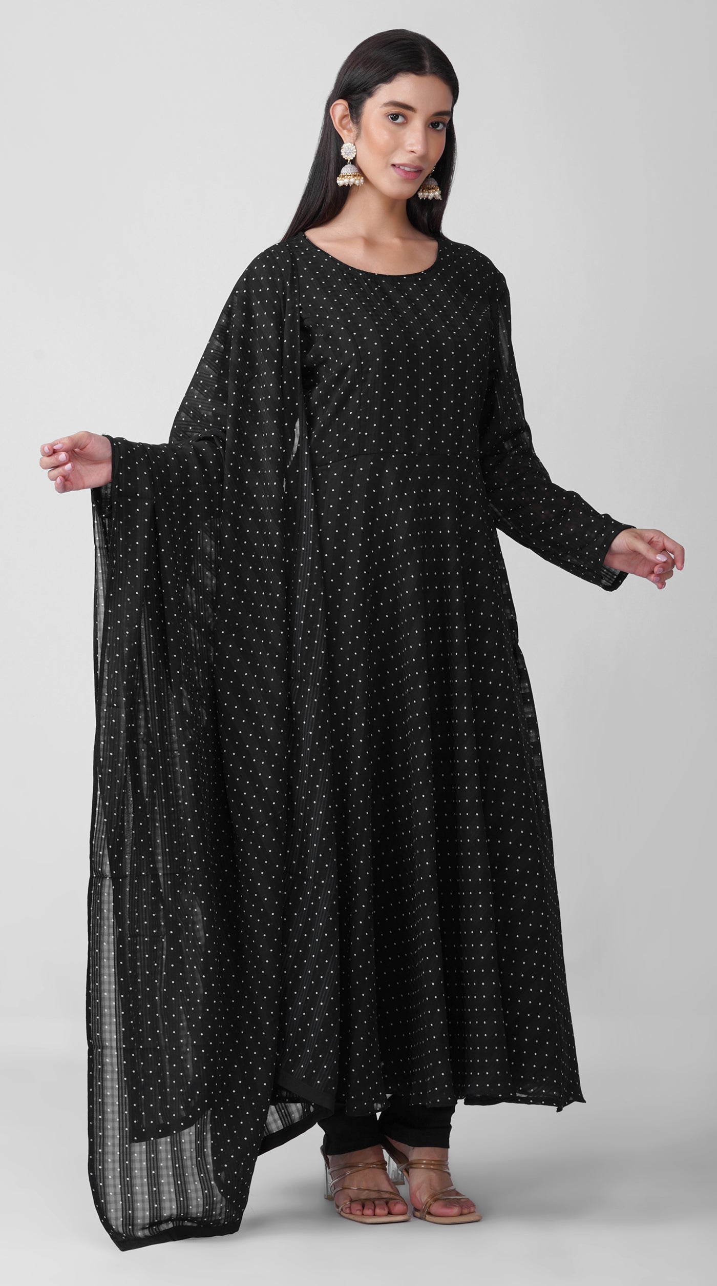 Black Polka Dot Printed Chiffon Top, Trouser & Dupatta Set
