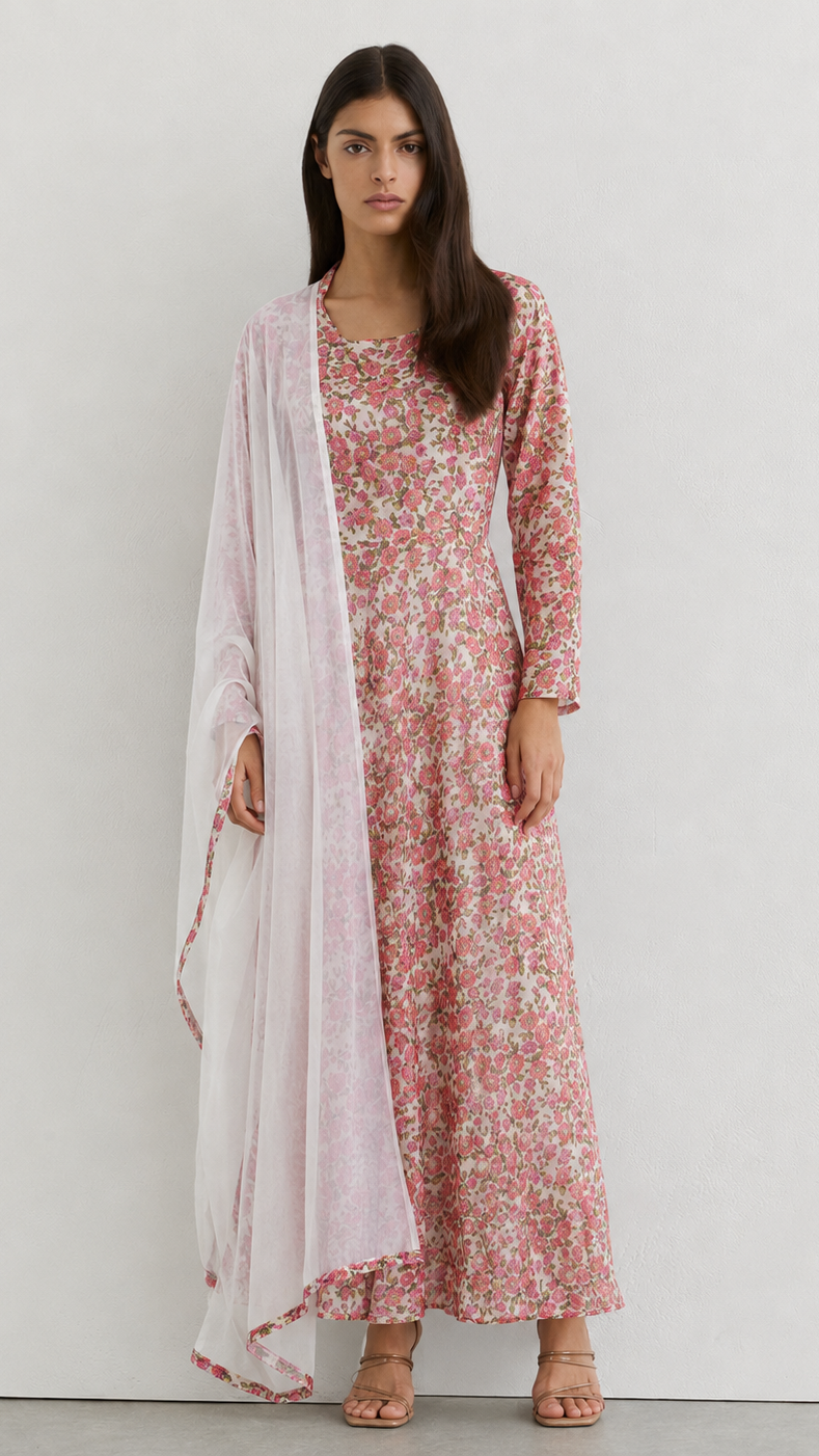 A woman stands against a plain light gray wall wearing a long-sleeved pink floral maxi dress with a sheer white dupatta draped over her shoulder.