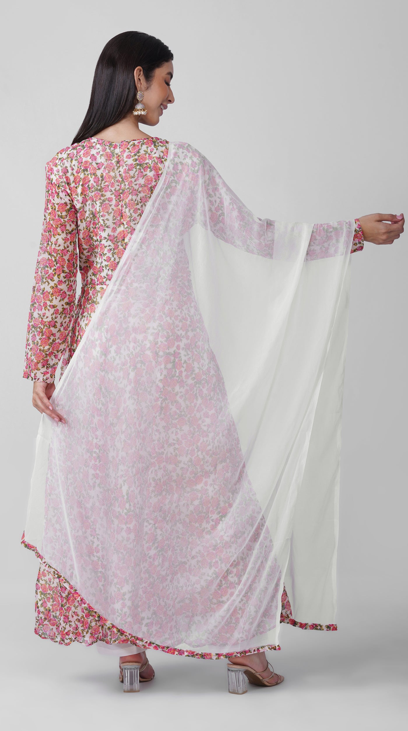 White Floral Chiffon Bias-Cut Kurta Set with Printed Dupatta
