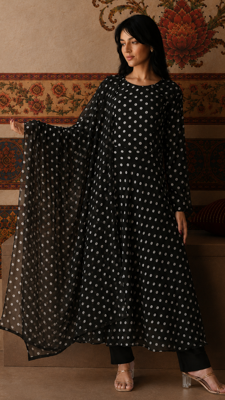Black and white polka dot salwar kameez suit with matching trousers and sheer polka dot dupatta
