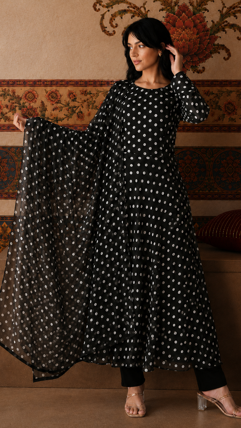 Black and white polka dot salwar kameez suit with matching trousers and sheer polka dot dupatta

