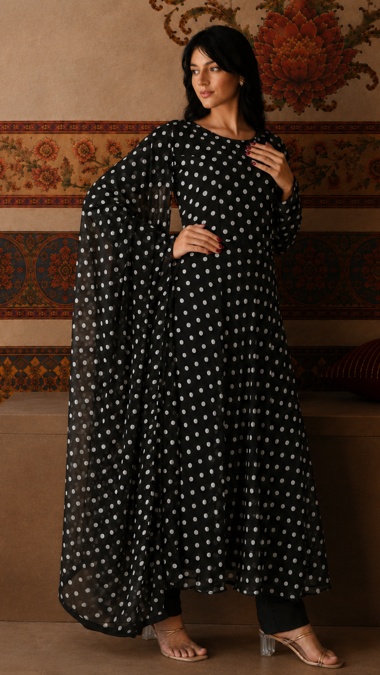 Black and white polka dot salwar kameez suit with matching trousers and sheer polka dot dupatta
