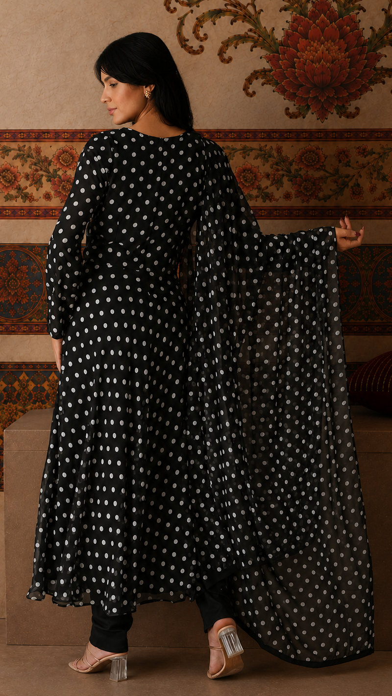 Black and white polka dot salwar kameez suit with matching trousers and sheer polka dot dupatta

