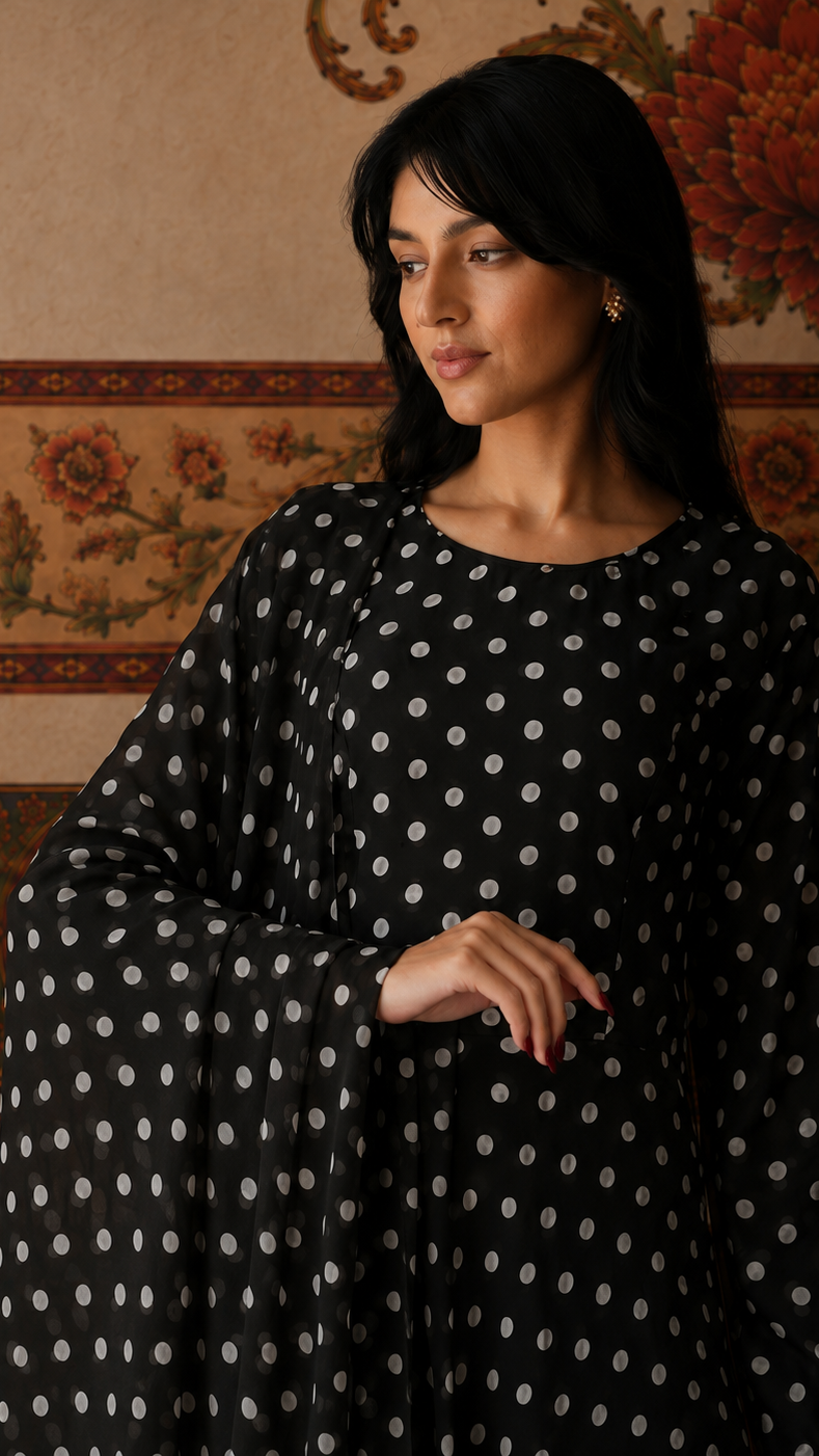 Black and white polka dot salwar kameez suit with matching trousers and sheer polka dot dupatta
