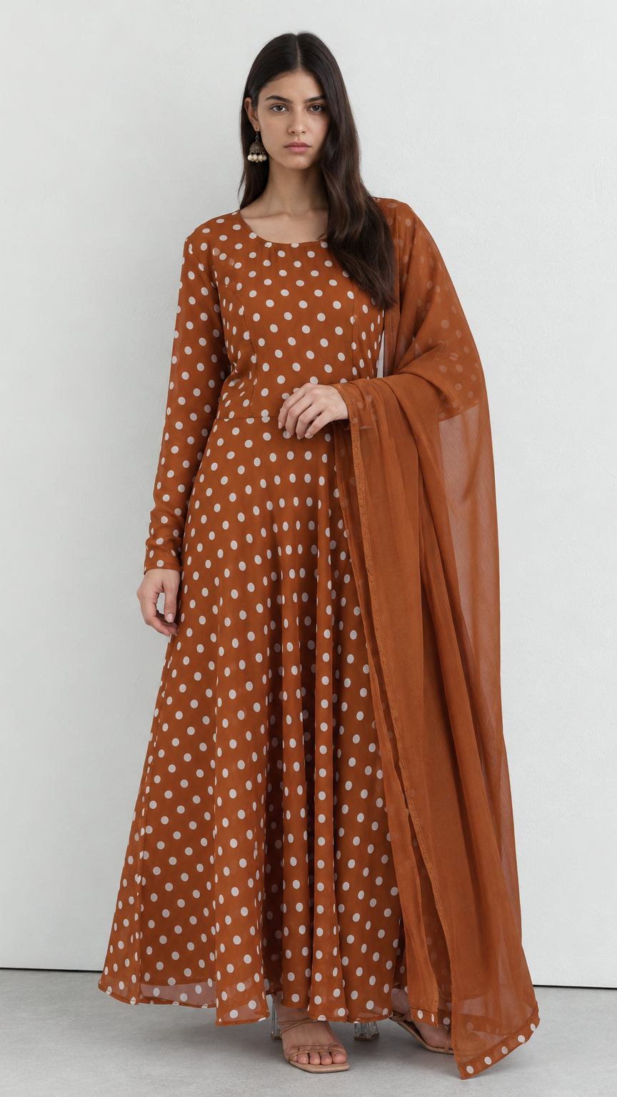 Brown chiffon top and trouser set with printed dupatta