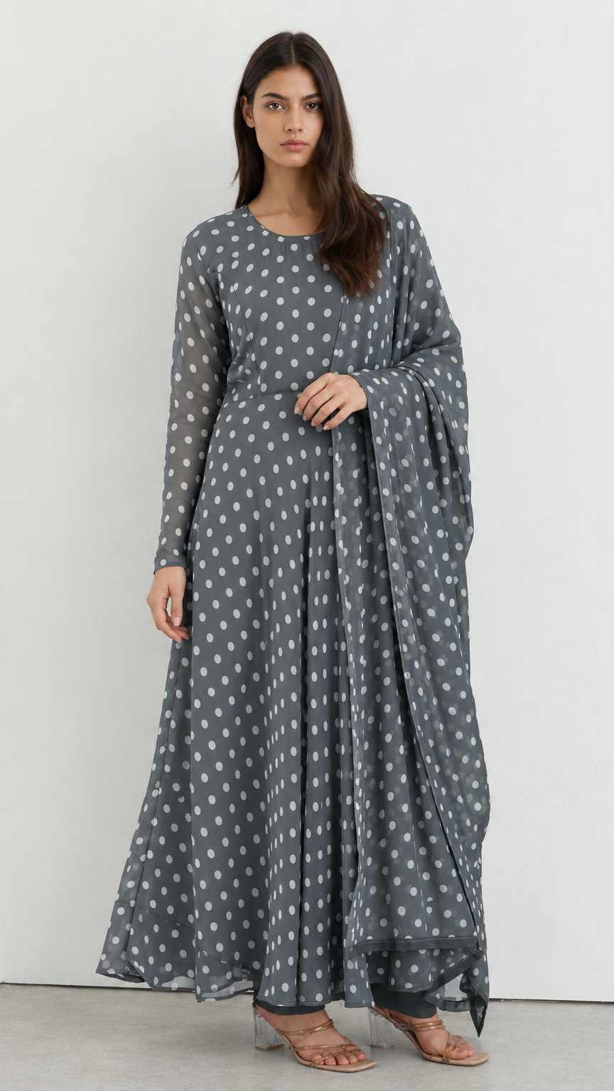 Grey polka dot ethnic suit with bias cut styling and chiffon dupatta