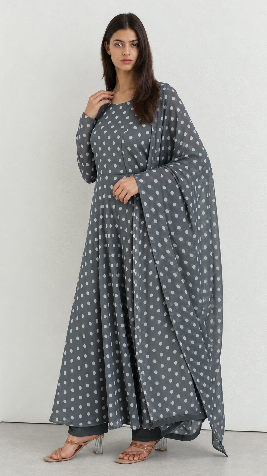 Grey polka dot ethnic suit with bias cut styling and chiffon dupatta