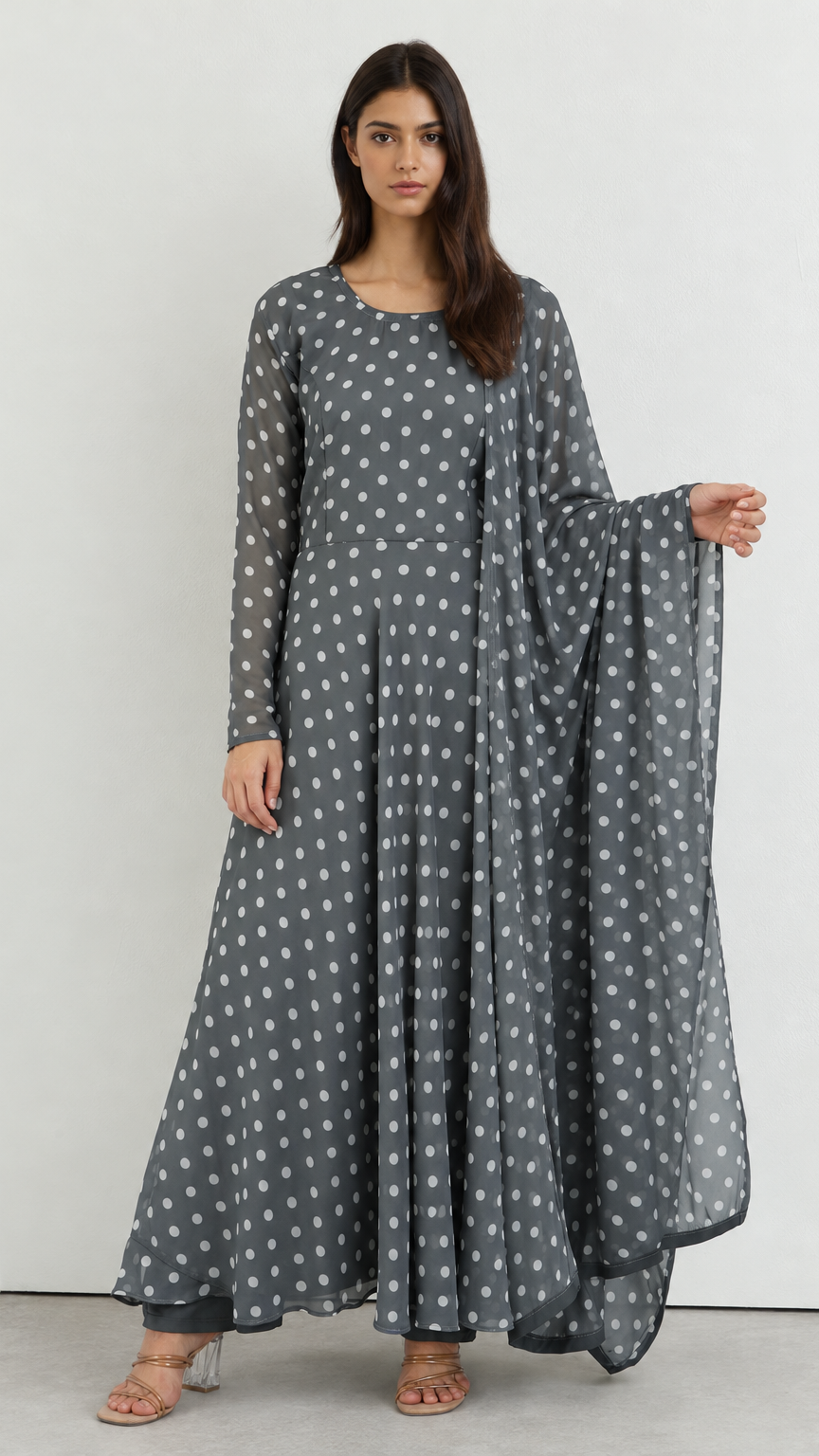 Grey polka dot ethnic suit with bias cut styling and chiffon dupatta