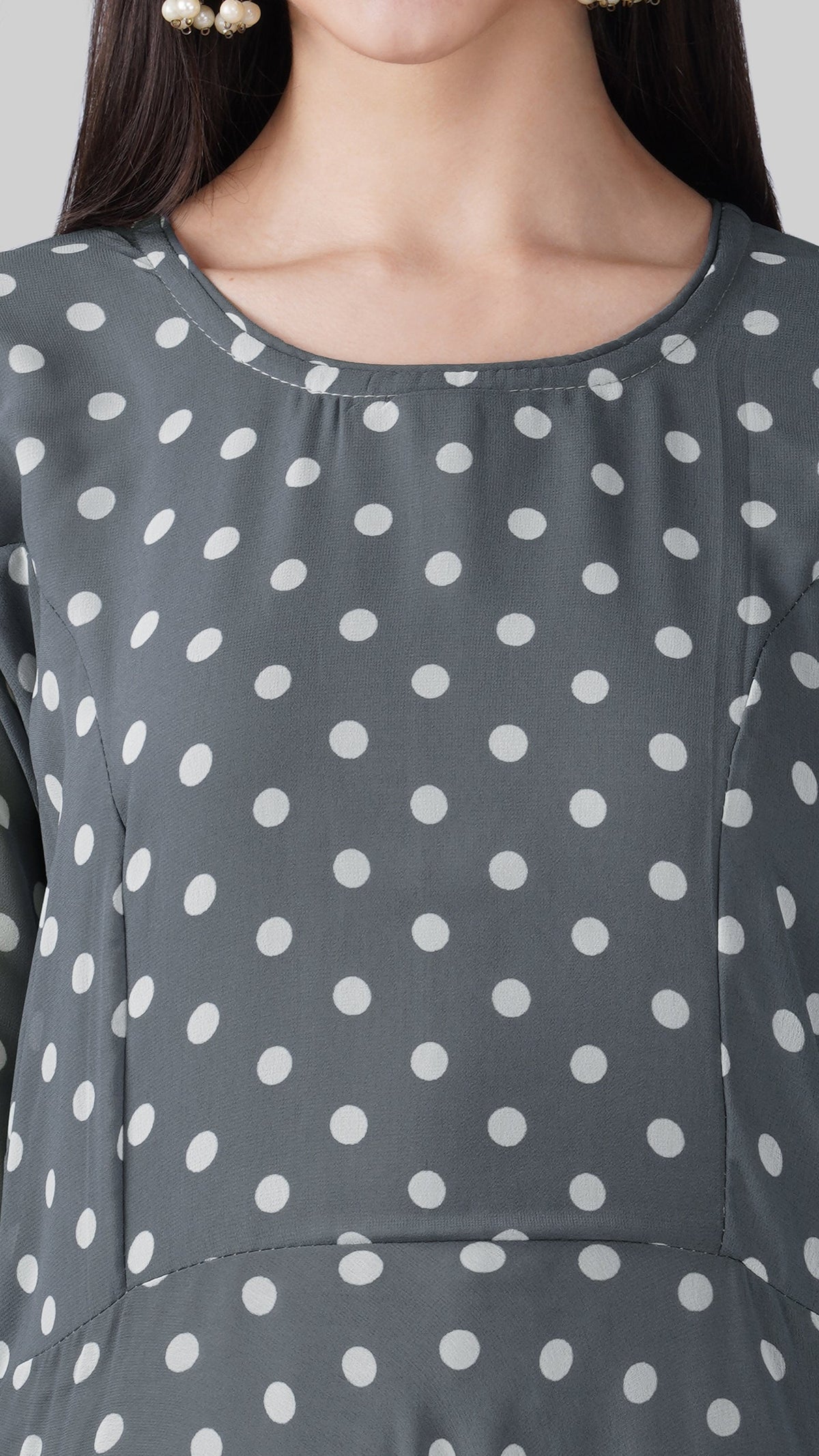 Grey polka dot ethnic suit with bias cut styling and chiffon dupatta
