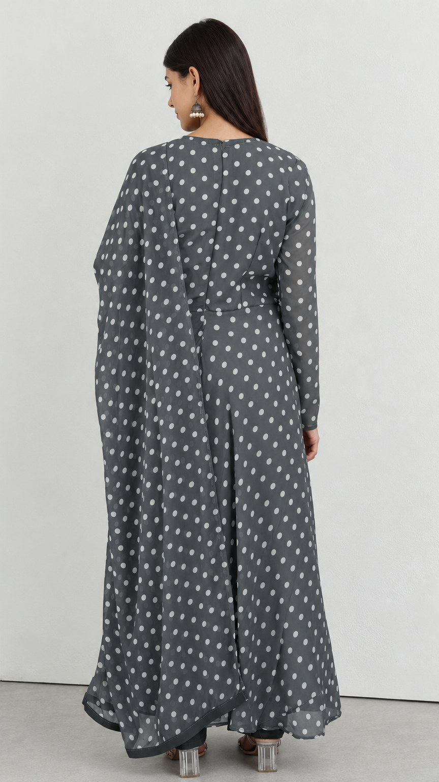 Grey polka dot ethnic suit with bias cut styling and chiffon dupatta