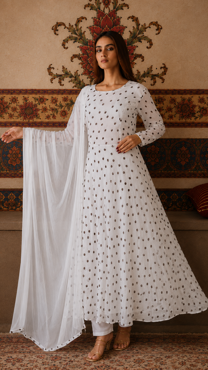 White polka dot salwar kameez suit with matching trousers and sheer white dupatta
