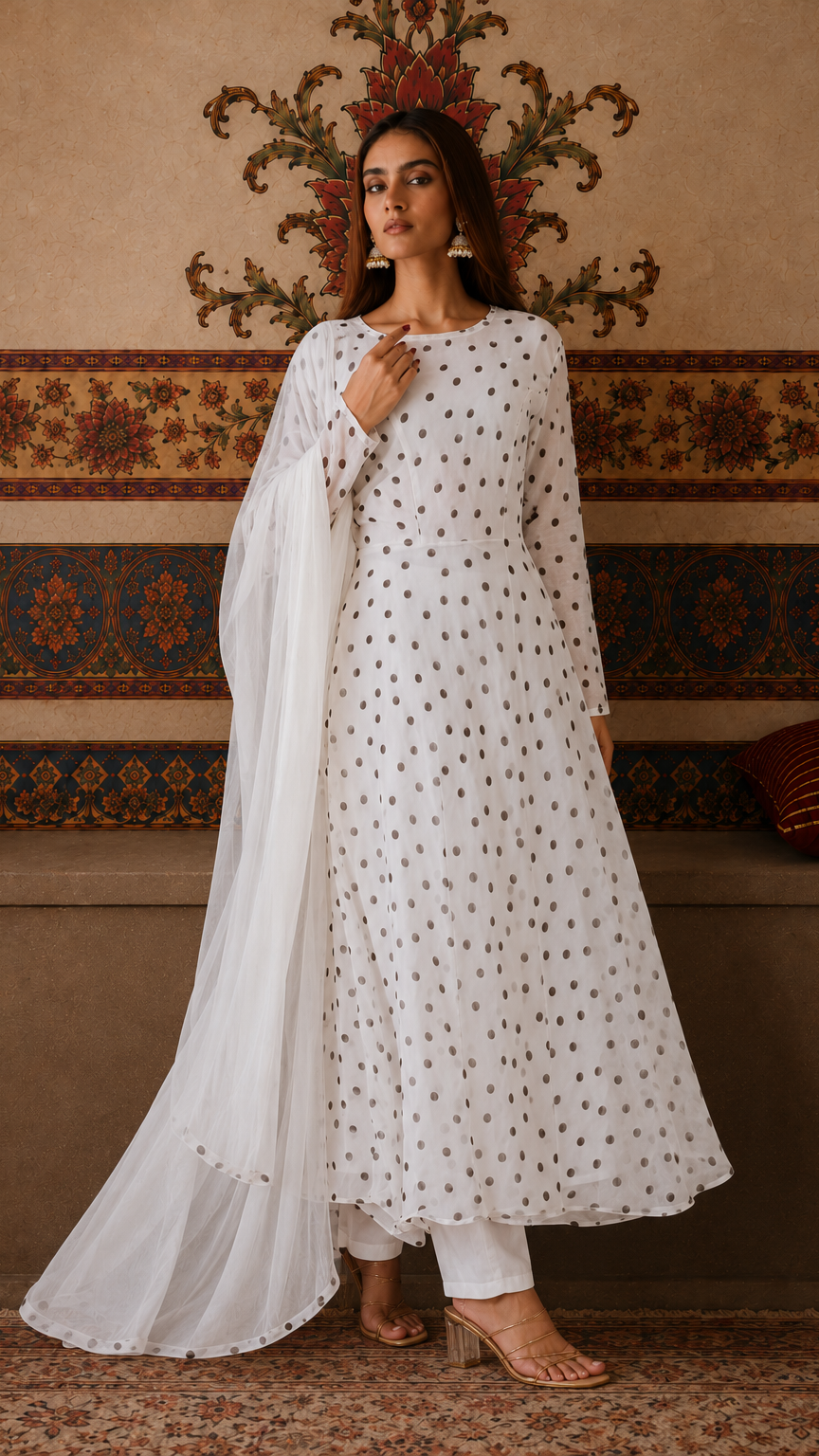White polka dot salwar kameez suit with matching trousers and sheer white dupatta
