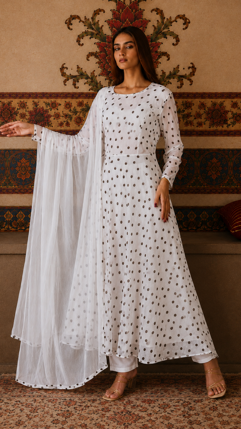 White polka dot salwar kameez suit with matching trousers and sheer white dupatta
