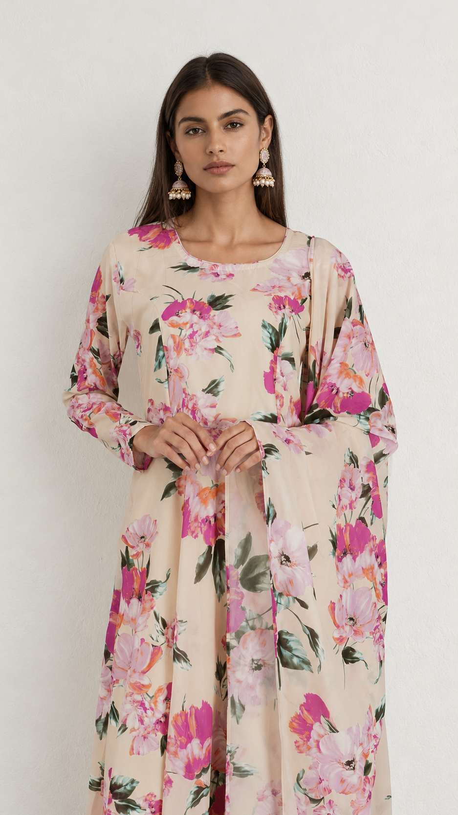 A woman modeling a long-sleeved beige tunic dress with a vibrant pink and green floral print, set against a plain light gray background.